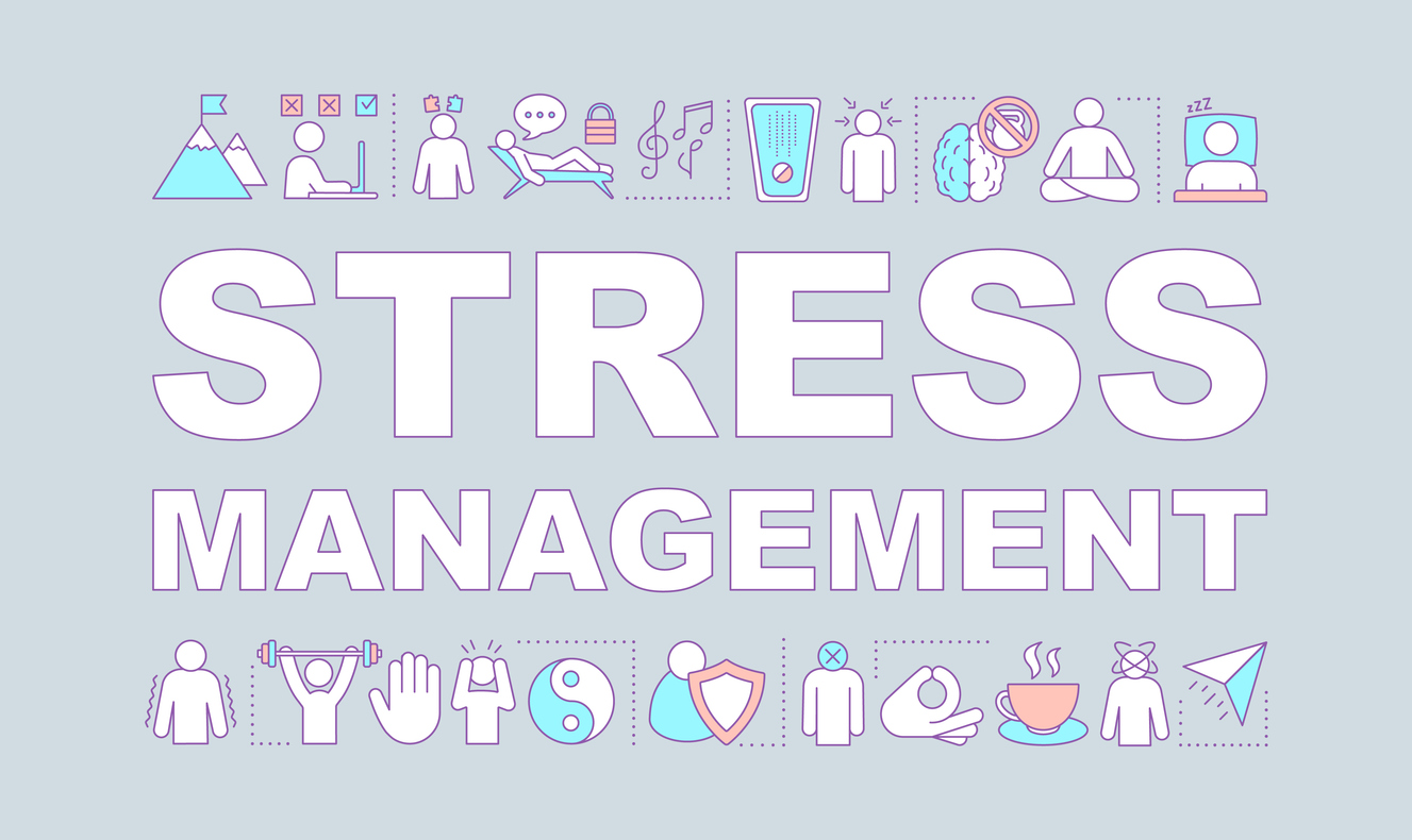 Stress management word . Mental health. Stress overcoming. Calming and relaxing. Anxiety coping. Isolated typography idea with linear icons. Vector outline illustration